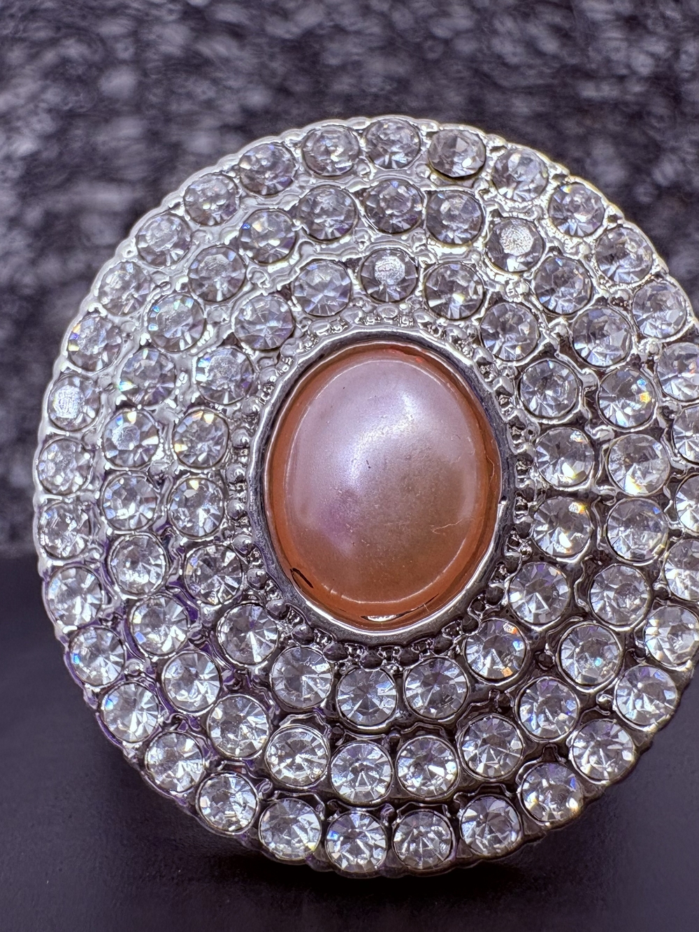 Silver-Tone Crystal Ring with Pink Center Cabochon